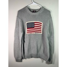 Vintage Polo Ralph Lauren Medium Gray American Flag Knit Sweater 90s