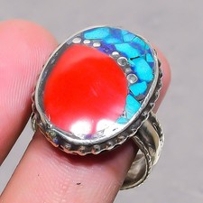Red Coral Tibetan Turquoise Handmade Boho Nepali Jewelry Adjustable Ring SR 3370