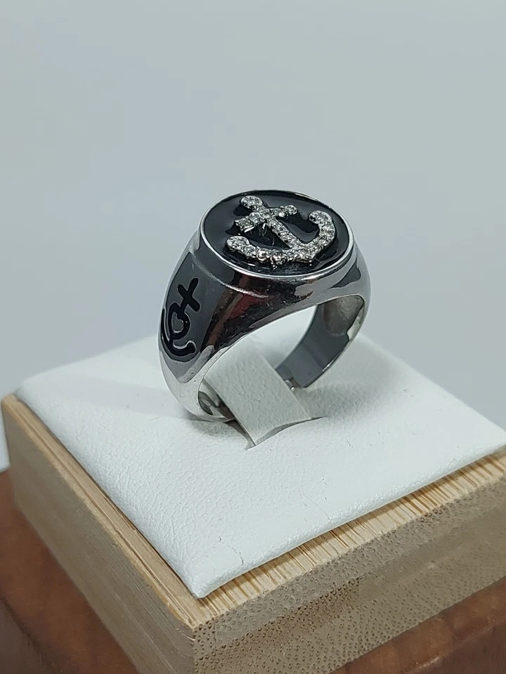 ANELLO ARGENTO 925 DONNA BIANCO ANCORA DA MIGOLO SMALTO NERO E ZIRCONI BRILLANTI - Immagine 2 di 4