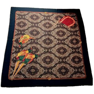 GUCCI vintage écharpe en laine étole noir marron motif paon 53x53 pouces Italie