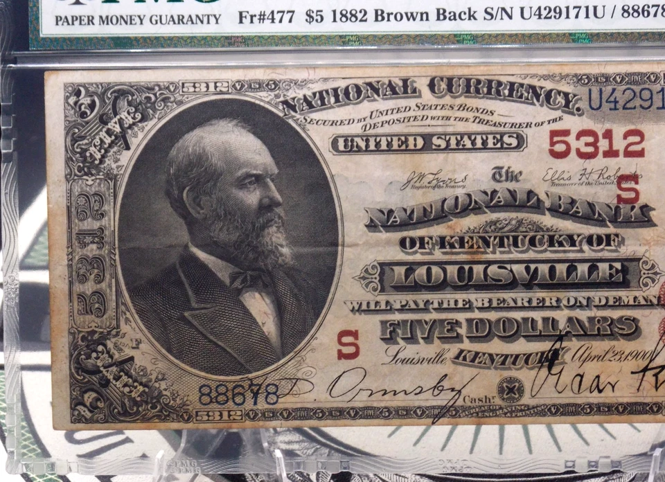 1882 $5 National Brown Back Bank Note *LOUISVILLE* KY Fr#477 PMG VF35 CH#5312 - Image 2 of 4