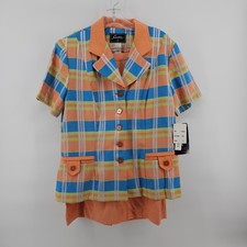 Sweet Suit Skirt Suit Women 10 Orange Plaid Short Sleeve Blazer Skirt Set 595