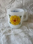 Vintage Anchor Hocking Fire King Milk Glass Coffee Cup Mug Yellow Flower Design