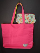 New Clinique Tote Bag and Cosmetic Case Pouch Set Hot Pink Yellow Hearts