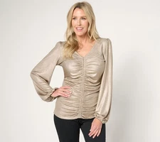 Dennis Basso Knit Lame Top with Ruching & Blouson Sleeves Rose Gold XS New