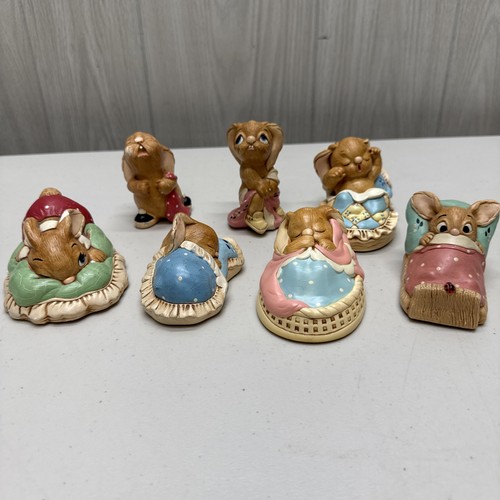 Vintage Pendelfin Lot of 7 Sleepy Bunny Rabbits Figures Hand Painted Some Chips