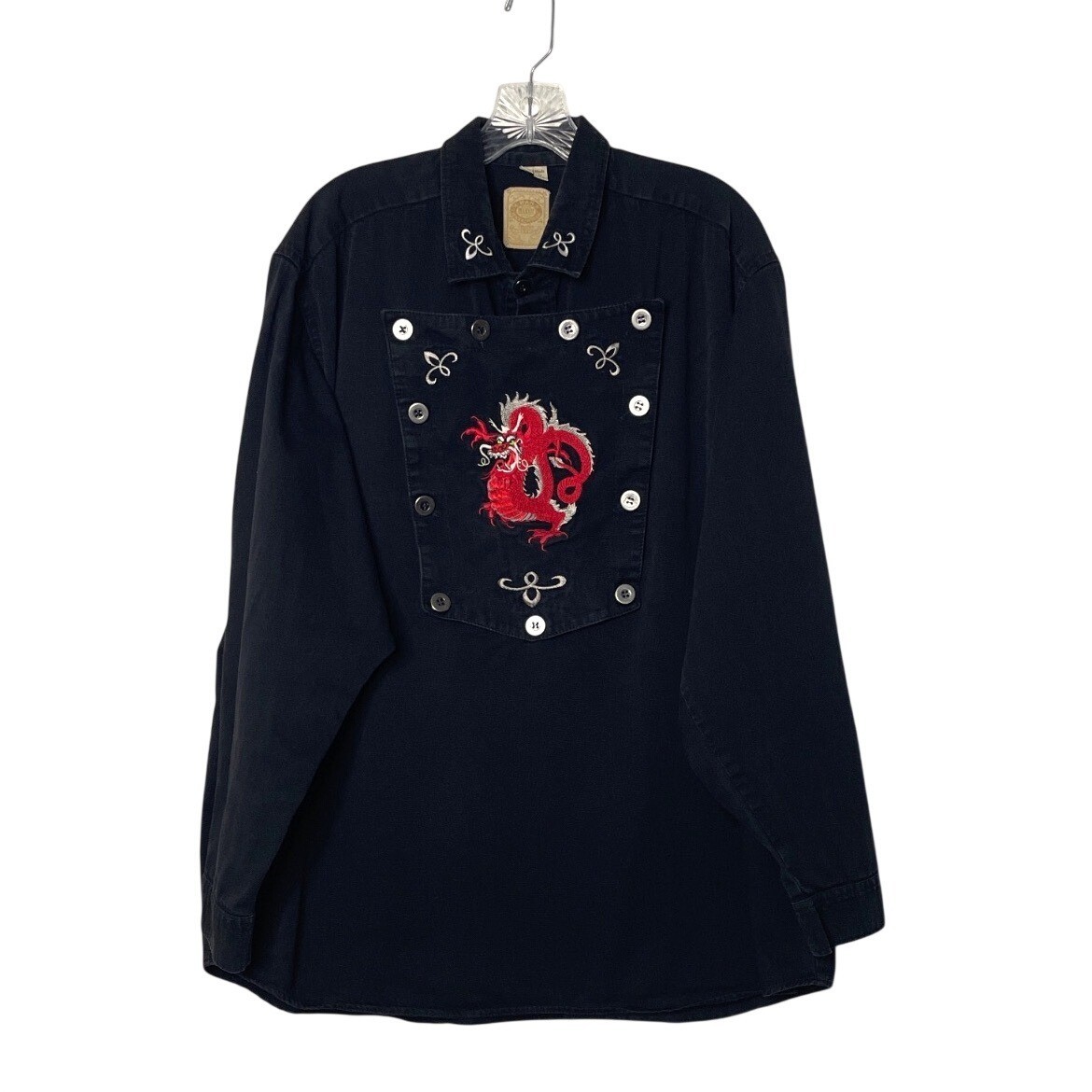80s 90s WAH MAKERスタンドカラーシャツ　コットン・リネンUSA製 Wah Maker Frontier Bib Shirt Dragon Embroidered Black Vintage