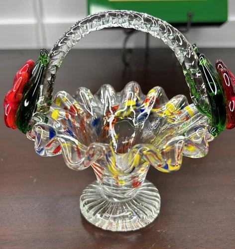 Vintage Murano Style Glass Basket Hand Blown With Floral Appliqué