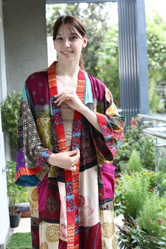 100% Crepe Silk Multicolor Patchwork Kimono Long Night Floral Robe PS PWK1026 - Picture 5 of 10