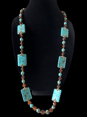 VTG Joan Rivers Necklace Faux Turquoise Brown Amber Faceted Beads 18'' Long Boho