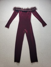 House CB Women Jumpsuit S Burgundy Velvet Feather Trim Off The Shoulder Glamour