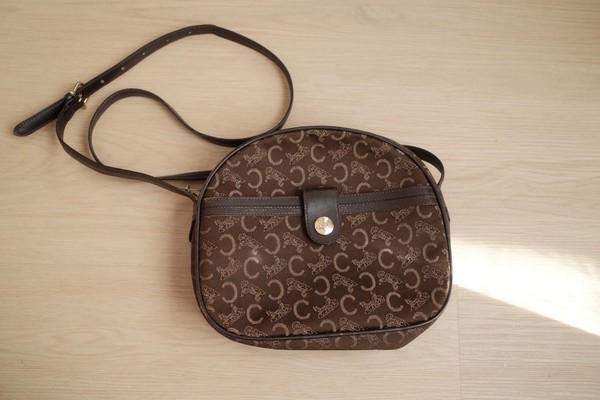 CELINE Brown Macadam Canvas/Leather Crossbody Bag Small Zip Gold Hardware