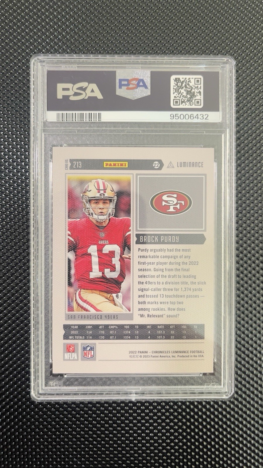 2022 Panini Chronicles - Luminance Update Rookies Brock Purdy #213 Purple PSA8.5 view 2