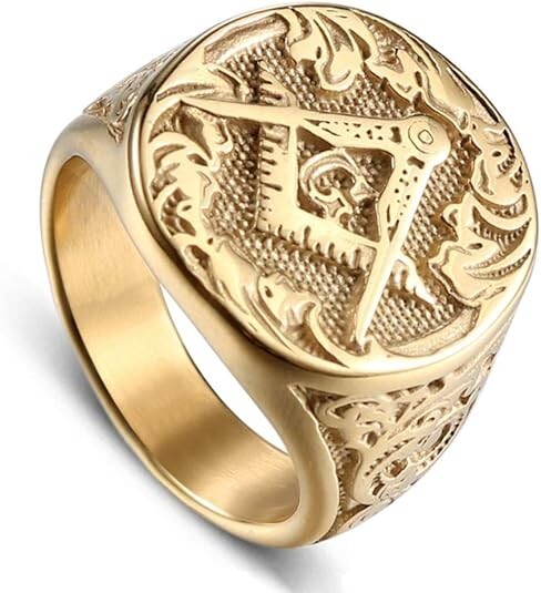 Stainless Steel Gold Plated Freemason Masonic Ring Vintage Master Mason  Signet