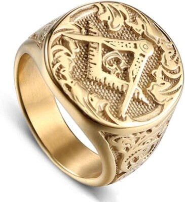Stainless Steel Gold Plated Freemason Masonic Ring Vintage