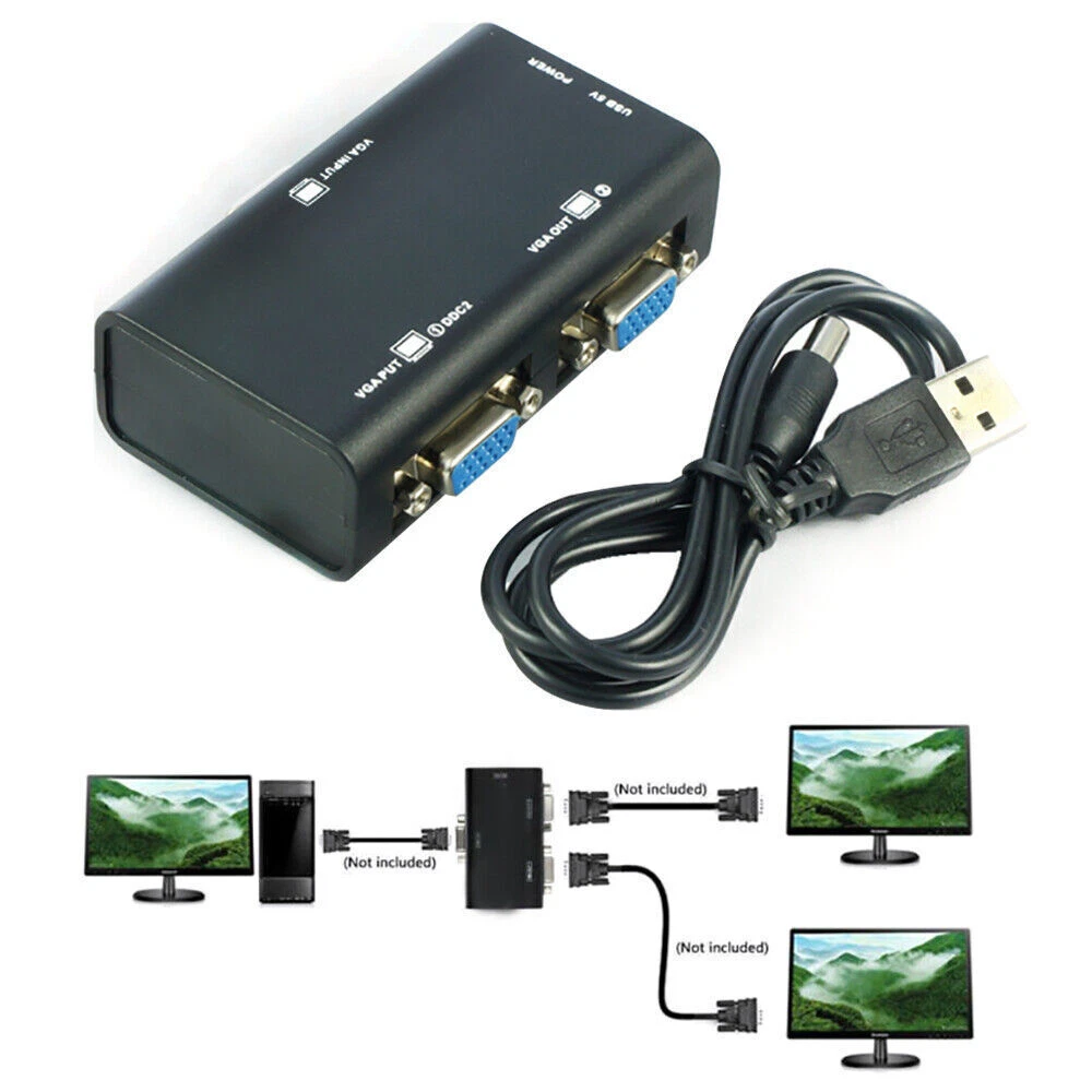 1 PC to 2 Monitor 1 to 2 Split Screen VGA SVGA Splitter Video Duplicator Adapter