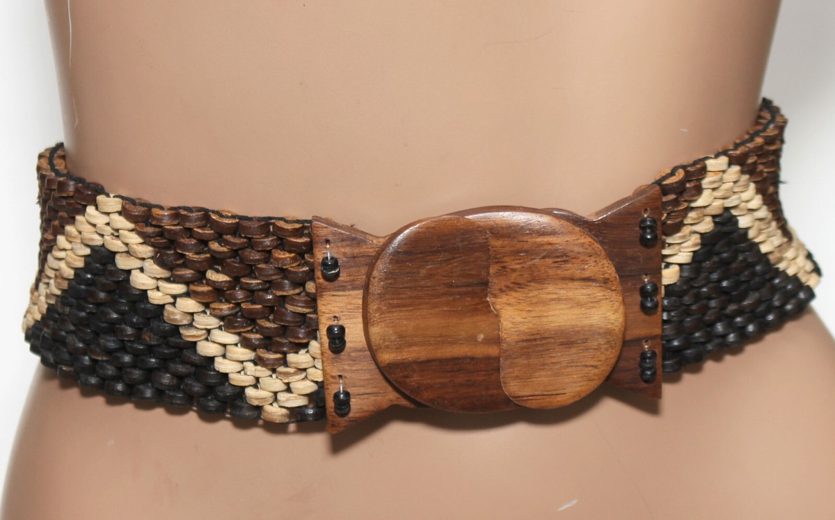Vintage Wide Beaded Stretch Belt - Wood Buckle- SIZE S - 30 