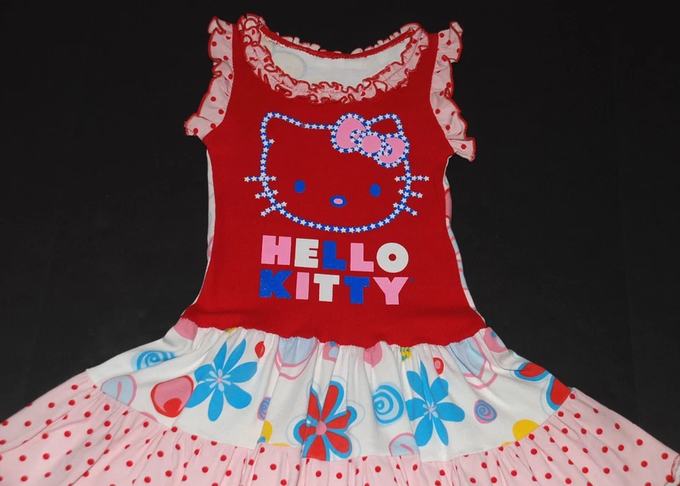 NUEVO Vestido Personalizado Boutique HELLO KITTY Vestido Volantes Tanque Floral Upcycle 5 6 7 Foto 4 de 4