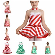 Kids Girls Christmas Candy Ice Skating Dress Sleeveless Ballet Leotard Dresses