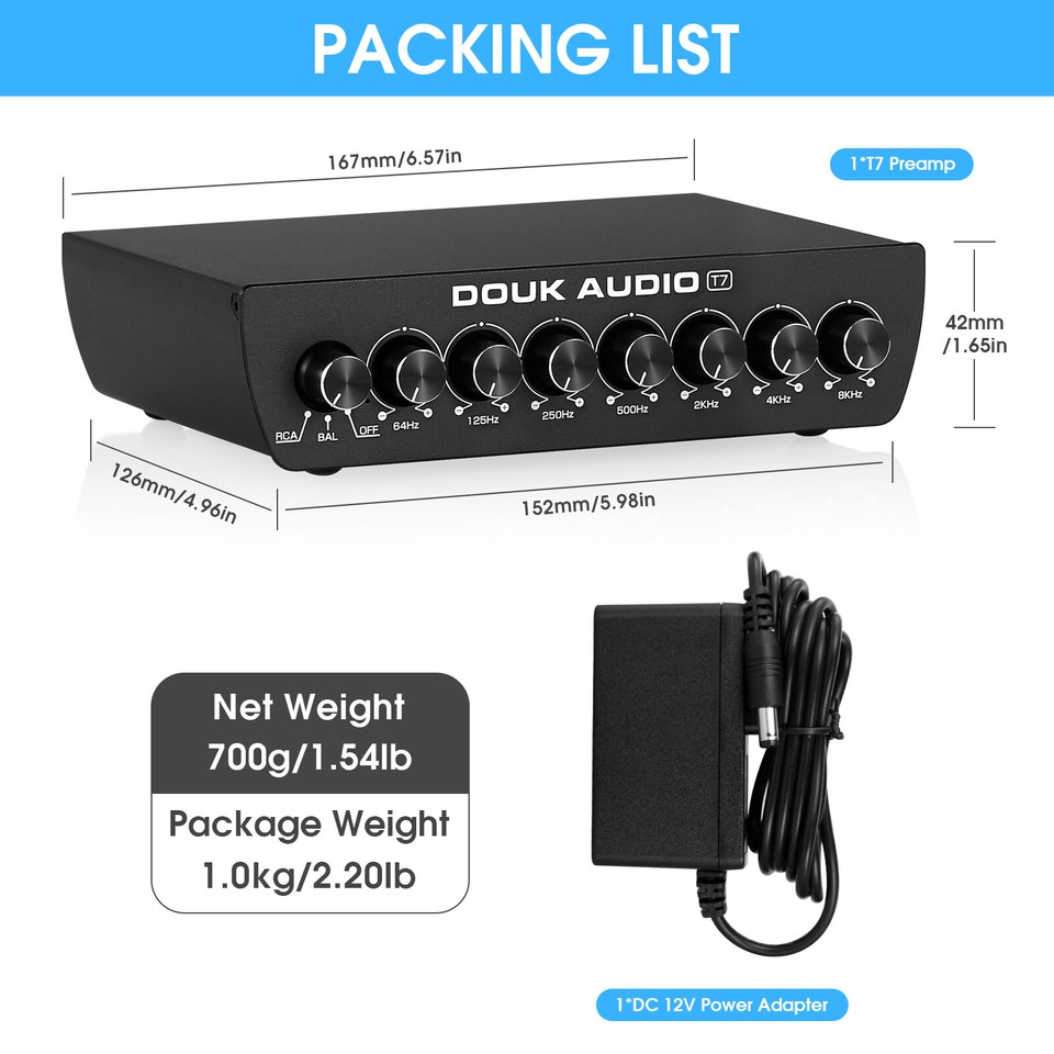 Douk Audio T7 7-Band Equalizer, Ausgewogener XLR/RCA Vorverstärker für Heimverstärker