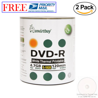 200 Pack Smartbuy DVD-R 16X 4.7GB 120M White Thermal Printable Disc Everest Comp