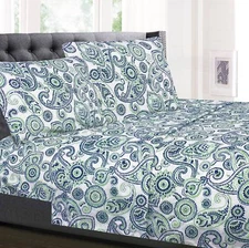 Modern Paisley Printed Blue/Green 4-Piece Microfiber Sheet Set