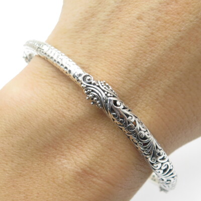 SARDA 925 Sterling Silver Vintage Ornate Hinged Bangle Bracelet 8''