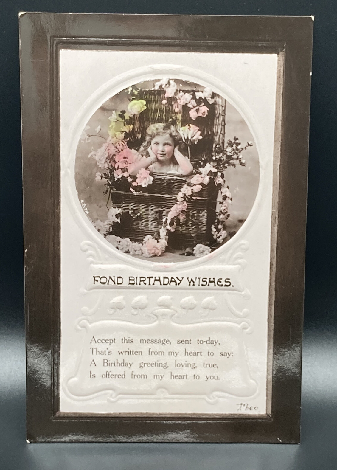 c1910 Fond Birthday Wishes Poem Girl In Floral Basket Embossed ANTIQUE Postcard