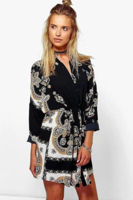 Wrap Boohoo Paisley Shirt Dress Boohoo Burgundy Faux Wrap Dress
