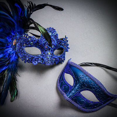 BLUE Feather Venetian Halloween Masquerade Ball Party Dance Couple's Eyes Mask