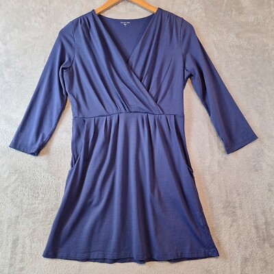 Garnet Hill Mini Dress Small Blue Faux Wrap Pockets Pleated Tunic Pima  Cotton