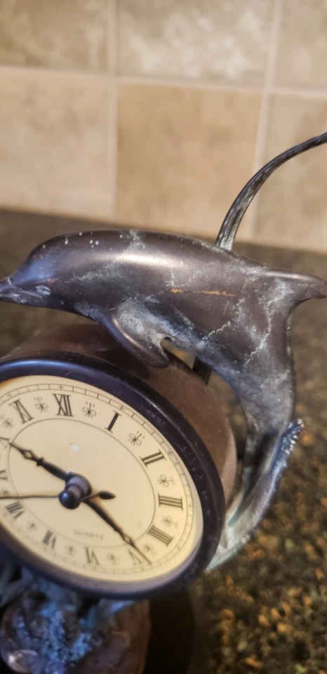 Stunning Brass Frame Marble Base Coastal Dolphin Tabletop Clock Home Decor READ - Image 3 of 4