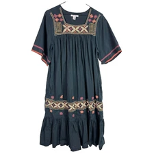 Go Softly Patio Womens Kaftan MuMu Lounge Embroidered Floral Black Pockets Small