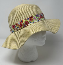 Disney Beige Floral Banded Paper Straw Floppy Hat Youth Girl Size Fits Most EUC
