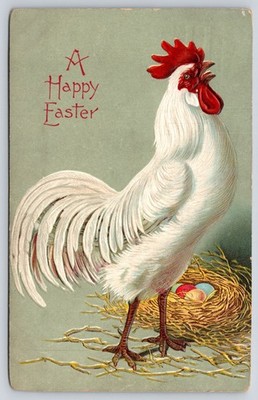 Easter~Big White Rooster Crows Over Colored Eggs in Nest~Mint Green Back~BW 352 