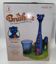 Brusheez Buddy the Bear Kids Electric Toothbrush Set with Stand & Rinse Cup New
