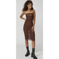 NWT Urban Outfitters Mia Brown Mesh Ruched Strapless Midi Dress Bodycon Y2K S