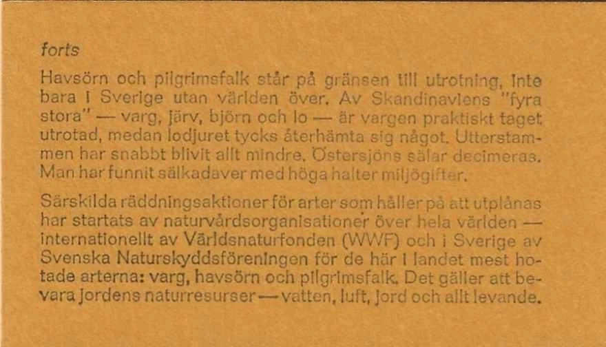 Sweden Stamp Booklet 1973 SC# 1015-1020 Animal Welfare - Image 2 of 3