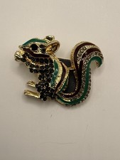 Squirrel Brooch Pin Gold Tone Black Rhinestone Green Burgundy Enamel Animal