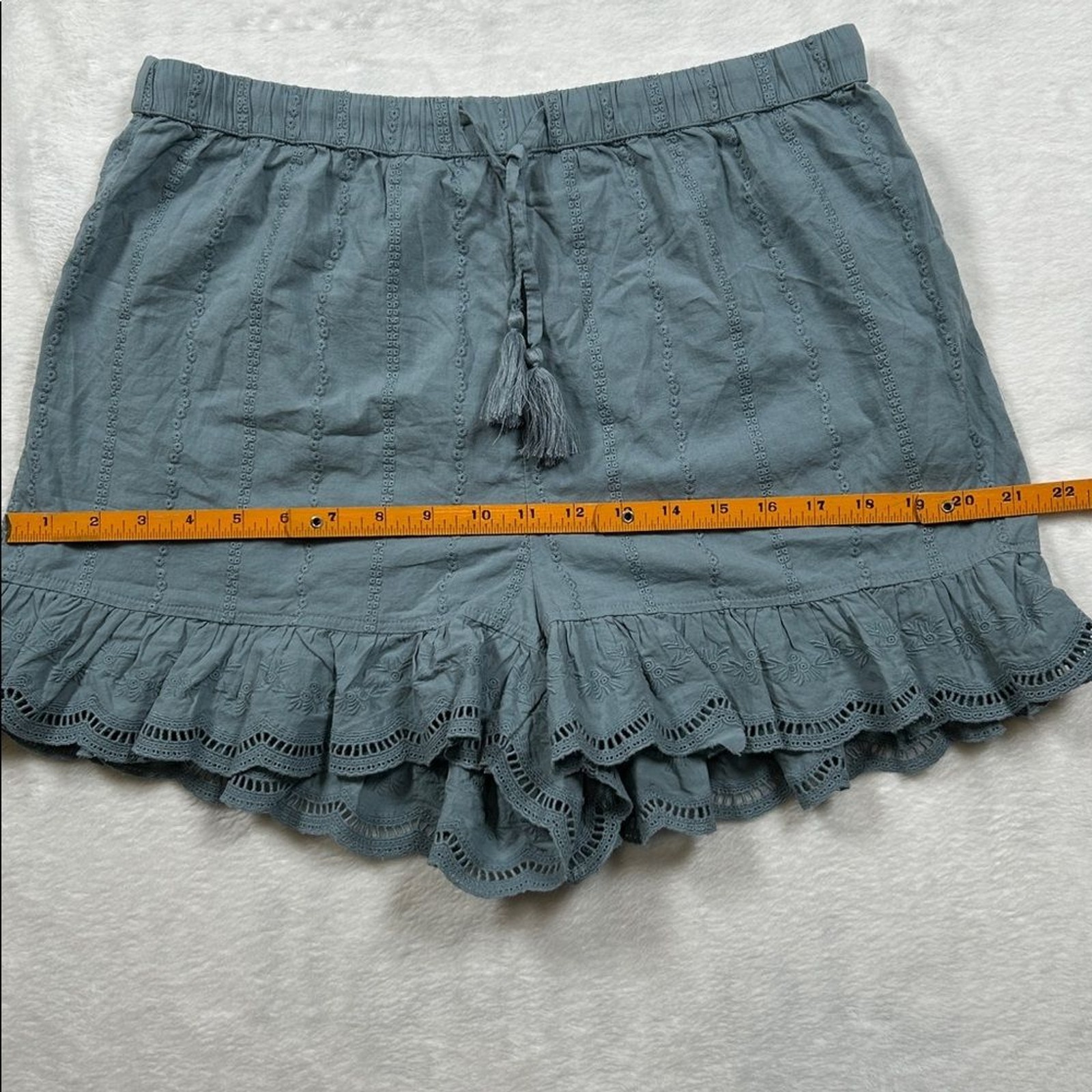 Shabby Chic Dusty Blue Pajama Shorts Size Large Eyelet Embroidered Drawstring