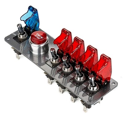 DC12V 5 in 1 Flip-Up Ignition Switch Carbon Fiber Panel Car Engine Start Push...