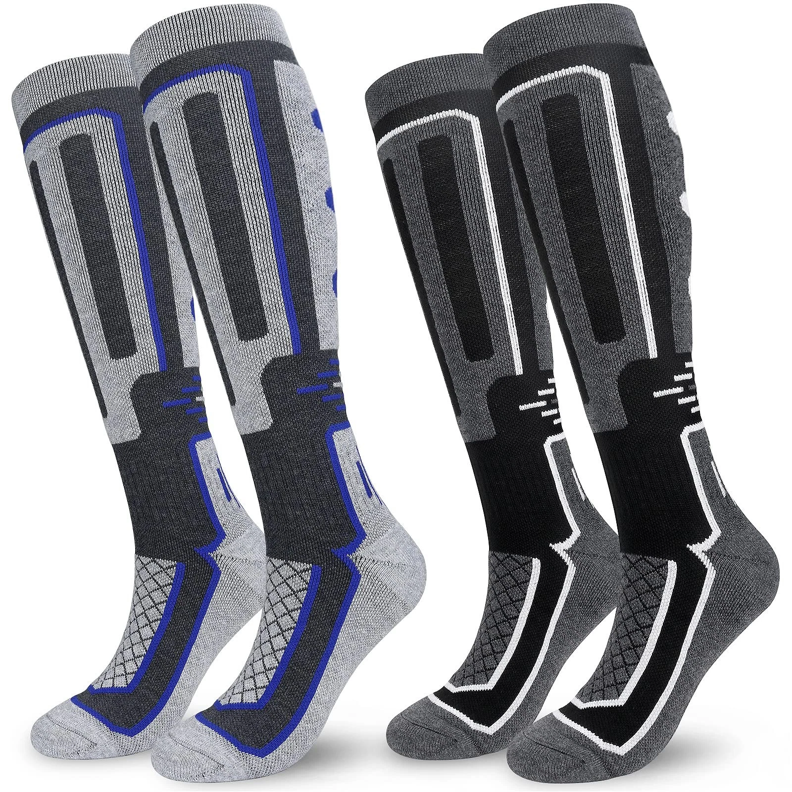 KOOOGEAR 2 Pairs Merino Wool Ski Socks Men,Thermal Knee High 9-12, Black Grey