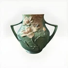 Vintage 91-8 Roseville Pottery Green Magnolia Ceramic Double Handle Large Vase