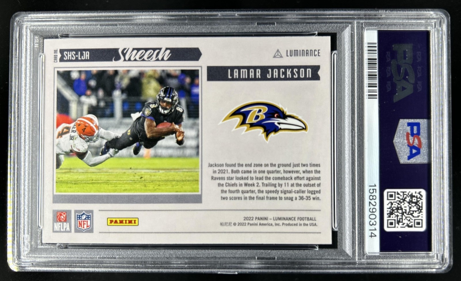 2022 Panini Luminance Lamar Jackson Sheesh Orange #/100 Ravens PSA 10 GEM MINT view 2