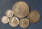 LOT 6 US SILVER COINS 1921 S MORGAN SILVER DOLLAR 1951 HALF $ 2 QUARTERS ETC