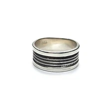 Sterling Silver Ring Band 925 - Oxidized Rope Design, 10mm Wide, Handmade