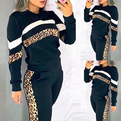 2Pcs Womens Leopard Print Tracksuits Set Lounge Wear Long Sleeve Tops Long Pants 