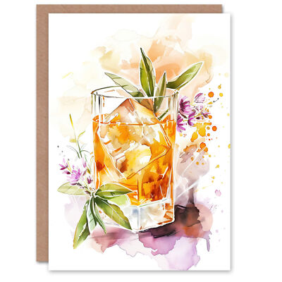 Grußkarte Whiskey Smash Blau Basilikum Cocktailbar Aquarell Rohling Geburtstag