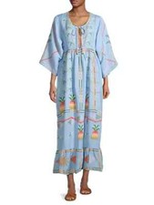 Farm Rio Pineapple Embroidered Linen Blend Maxi Dress Short Sleeve Tie Front M