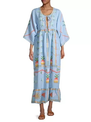 Maxi Vestido Farm Rio Piña Bordado Mezcla de Lino Manga Corta Corbata Frontal M